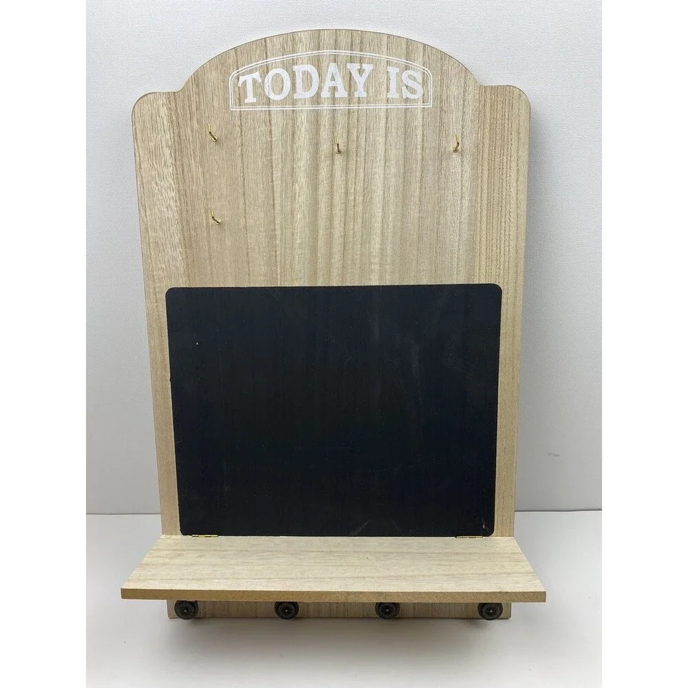 Wall Mounted Wooden Shelf Chalkboard Calendar Decor Display 4 Hooks Brown - New